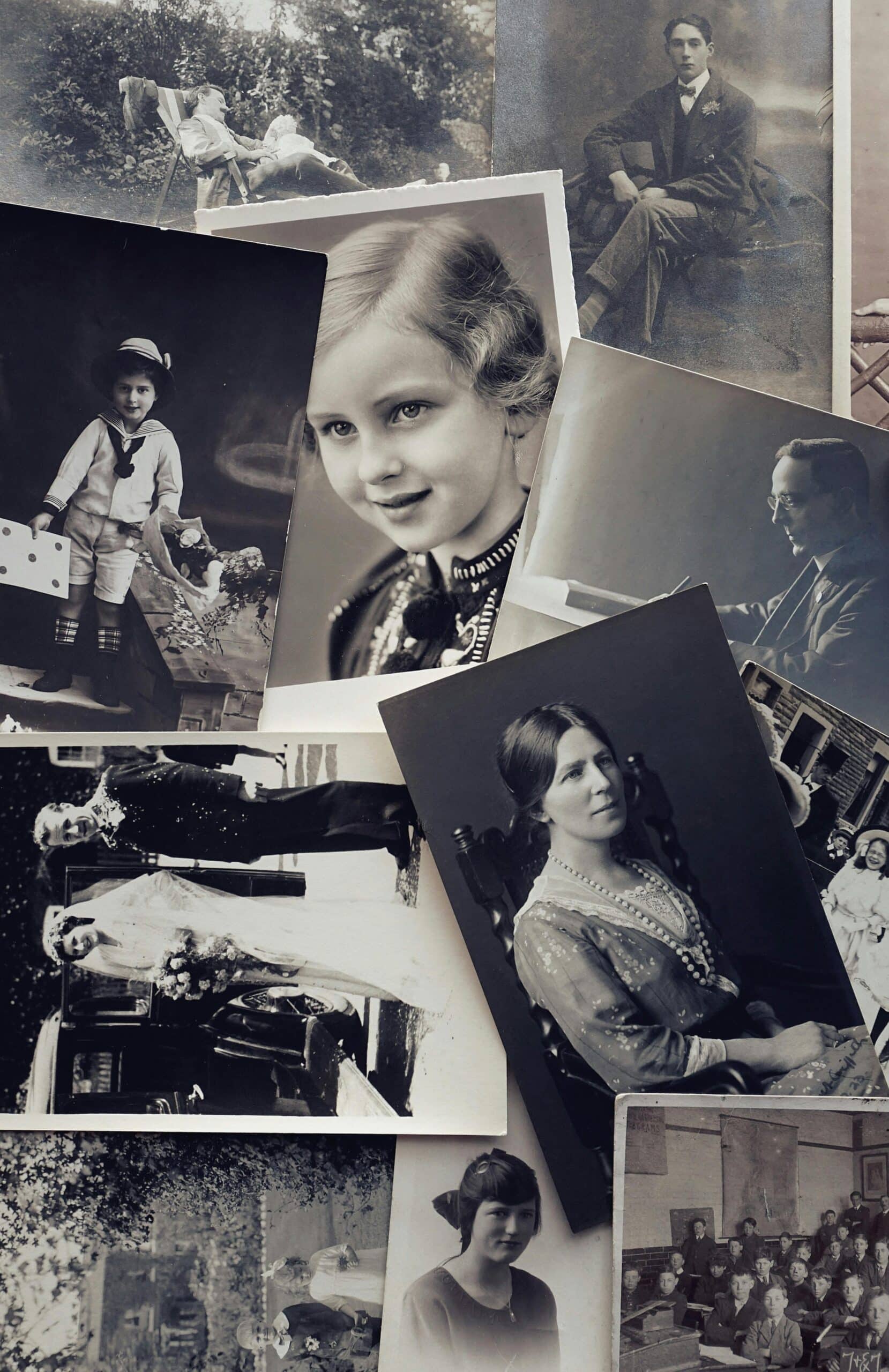 A nostalgic collection of black and white family portraits and scenes from the past.